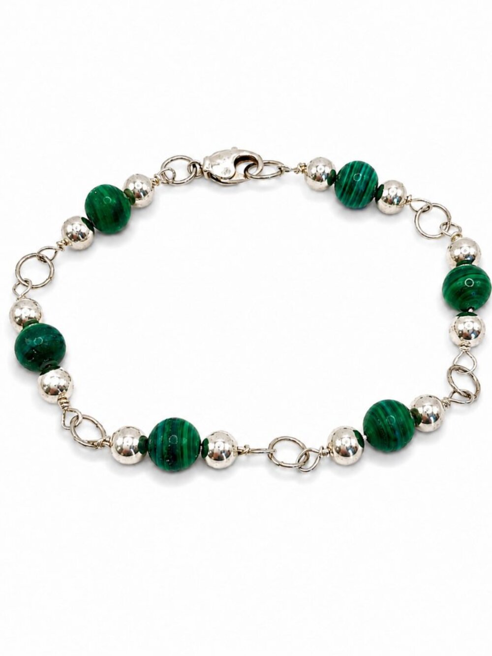 Vintage Sterling Silver Malachite Beaded Bracelet